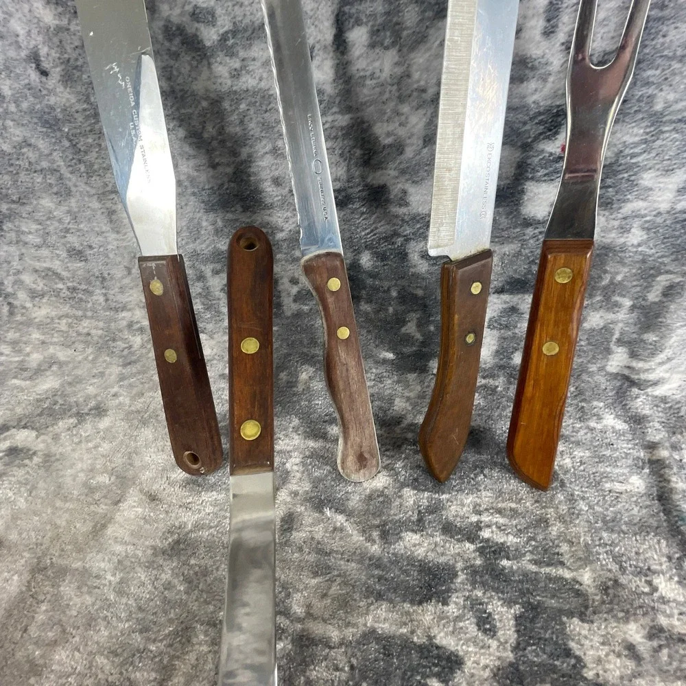 Vtg EKCO Oneida USA 5 Pc‎ Kitchen Utensil Lot Wood Handle Stainless Steel